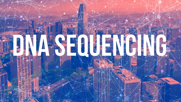 DNA Sequencing theme with abstract network patterns and skyscrapers