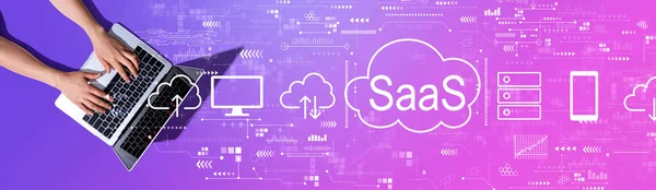 SaaS - software as a service concept with woman using a laptop