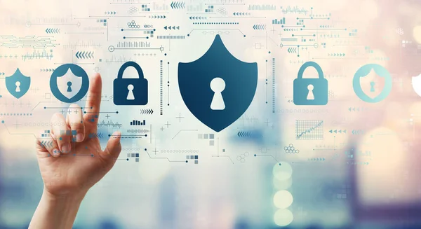 Cybersecurity thema met de hand op een knop — Stockfoto