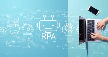 Bilgisayarla çalışan kişi ile Robotik Süreç Otomasyon temasıName