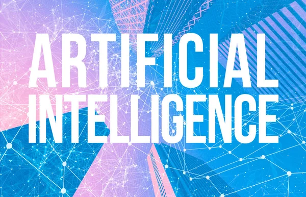 Artificiell intelligens tema med abstrakta mönster och skyskrapor — Stockfoto