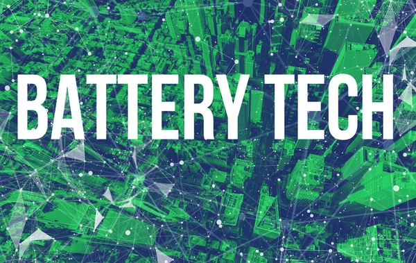 Тема Battery Tech с моделями сетей и манхэттенскими небоскребами — стоковое фото