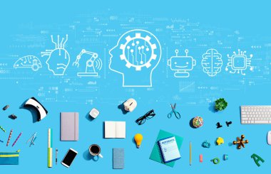 Elektronik aletler ve ofis malzemeleriyle gelecek teknoloji konsepti