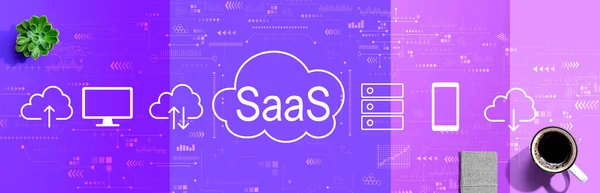 SaaS - software as a service concept with coffee and notebook