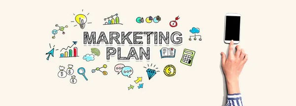 Plano de marketing com pessoa usando smartphone — Fotografia de Stock