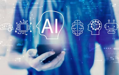 İnsan akıllı telefon kullanırken yapay zeka kavramı