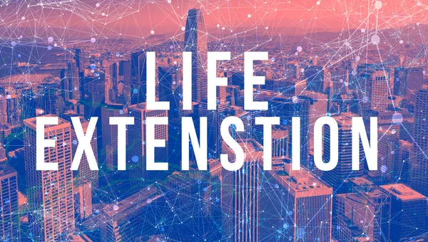 Life extension theme with abstract network patterns and skyscrapers