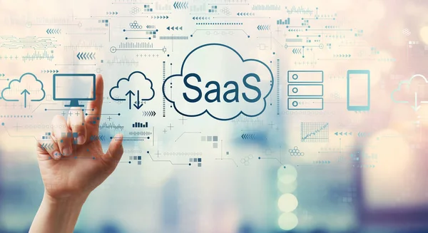 SaaS - mjukvara som ett servicekoncept med handtryck på en knapp — Stockfoto