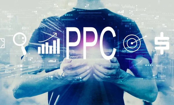 PPC - Concetto Pay per click con smartphone uomo in possesso — Foto Stock