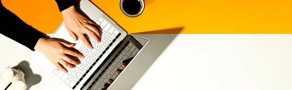Persona que usa una computadora portátil con una alcancía — Foto de Stock