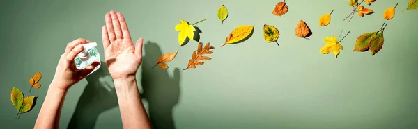 Auftragen von Desinfektionsgel mit Herbstblättern — Stockfoto