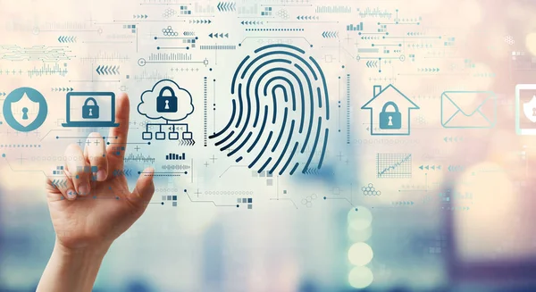 Fingerprint scanning theme with hand pressing a button — Stock Photo, Image