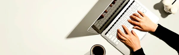 Person som använder en bärbar dator med en spargris — Stockfoto
