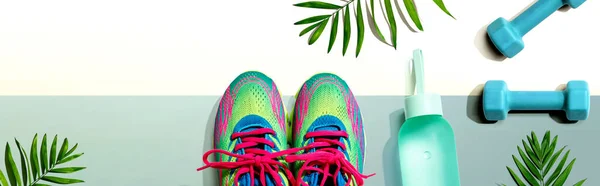 Sapatos de fitness e halteres com plantas tropicais — Fotografia de Stock