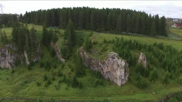 Stein Held Auf Dem Fluss Chusovaya Video Aus Der Vogelperspektive — Stockvideo