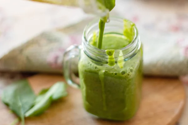fresh green smoothie in jar, healthy diet