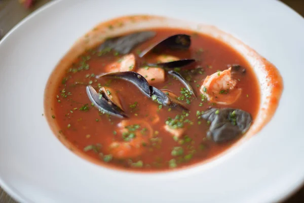 Soup with mussels in white plate — Stock Image Soup Mussels White Plate Stock Photo
