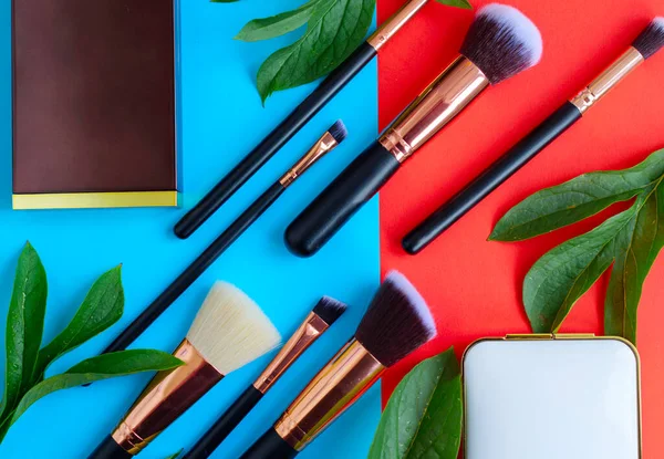 premium makeup brushes, eye shadow palette and leaves on a colored blue and red background, creative cosmetics flat lay with diagonal composition