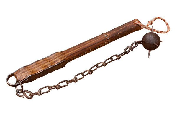 middle ages weapon - antique battle flail, an heavy spiked ball attached to a handle by a chain - image isolated with clipping path