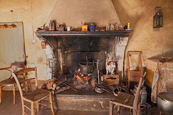 Interior Old Country House Dog Gets Hot Fireplace — Stock Photo, Image