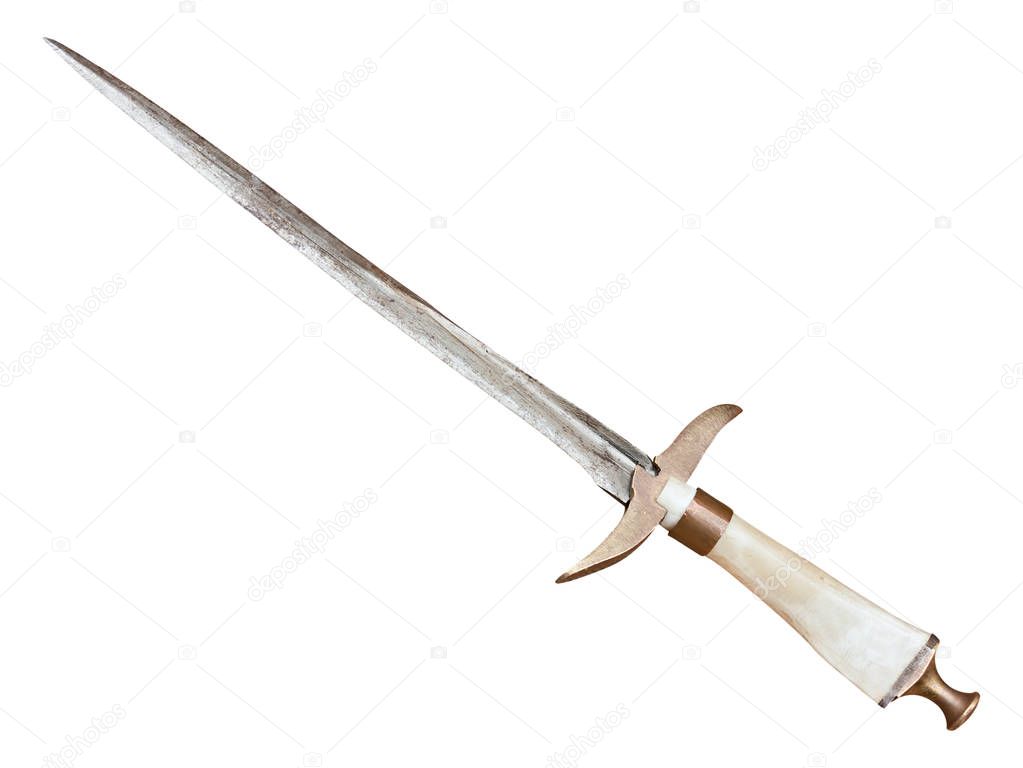 medieval dagger with a long slender blade - antique hand weapon with bone handle, isolated with clipping path