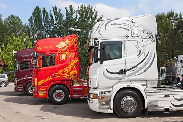 shiny and painted tractor trailer trucks parked during the truck rally 