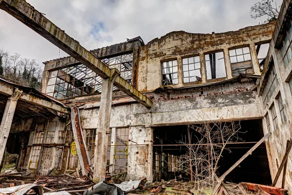 Old Abandoned Collapsed Factory Rubble Debris Ruins Ancient Industrial Building — Stock Photo, Image