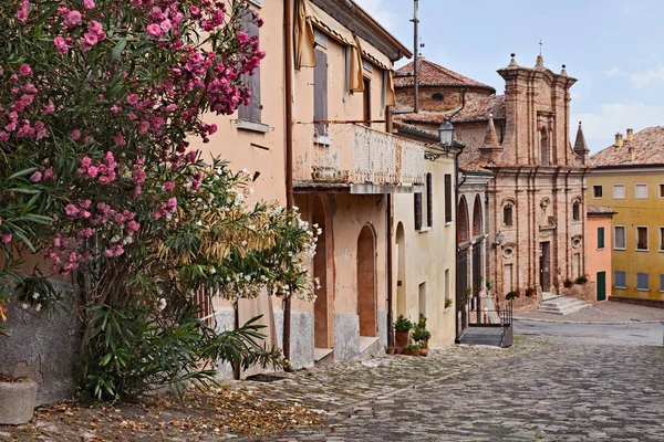 Vista Antiga Cidade Italiana Longiano Com Flores Oleandro Uma Igreja — Fotografia de Stock