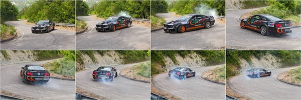 Bildsequenz Eines Driftenden Rennwagens Ford Mustang Aktion Mit Rauchenden Reifen — Stockfoto
