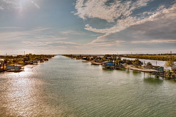 Paisaje Del Humedal Comacchio Ferrara Italia Cabañas Pesca Con Red — Foto de Stock