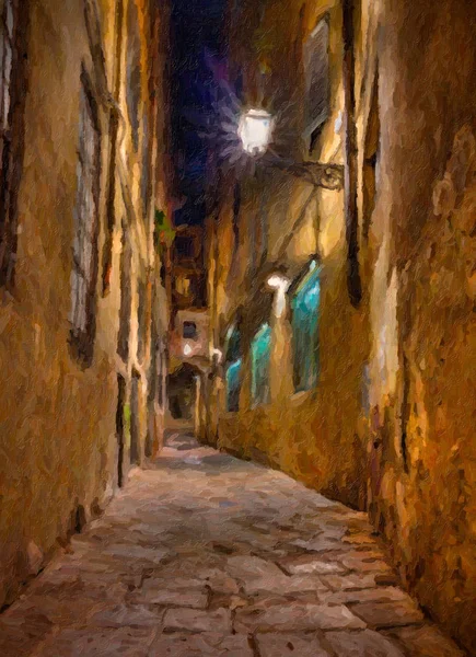 Ölgemälde Auf Leinwand Das Eine Enge Gasse Bei Nacht Florenz — Stockfoto