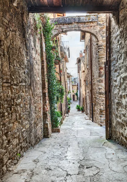 Pitoresca Ruela Estreita Antiga Com Arco Bevagna Umbria Itália — Fotografia de Stock