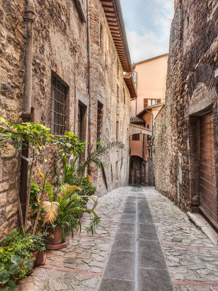 Picturesque narrow alley with ancient arch, underpass and pot plants in Todi, Umbria, Italy