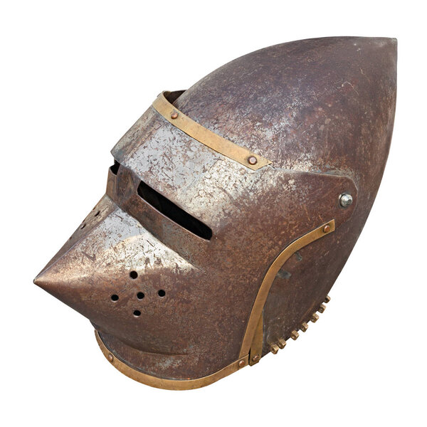 medieval military helmet - old part of armor with rust, isolated