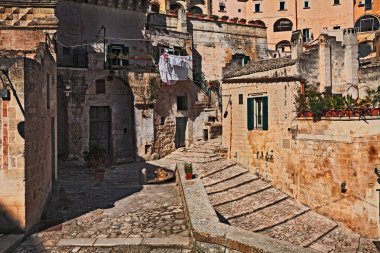 Matera, Basilicata, İtalya: pitoresk köşe ve eski evler eski şehir olarak adlandırılan Sassi di Matera, şehir Avrupa kültür başkenti 2019
