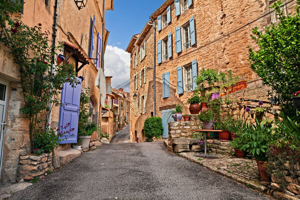 Mane, Forcalquier, Provence, France: picturesque ancient alley in the old town with plants and flowers