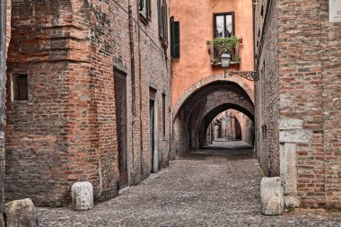 Ferrara, Emilia Romagna, İtalya: Via delle Volte, Antik Ortaçağ sokak sokak pitoresk kemerli