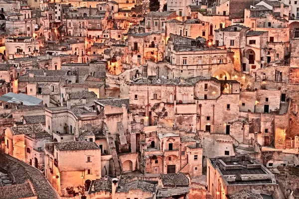 Matera Basilicata Italia Paisaje Urbano Amanecer Del Pintoresco Casco Antiguo — Foto de Stock