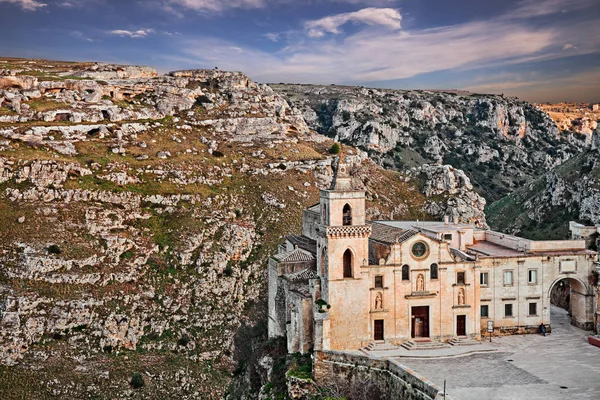 Matera Basilicata Itália Paisagem Pôr Sol Cidade Velha Sassi Matera — Fotografia de Stock