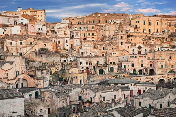 Matera Basilicata Itálie Panoráma Města Úsvitu Malebné Staré Město Sassi — Stock fotografie