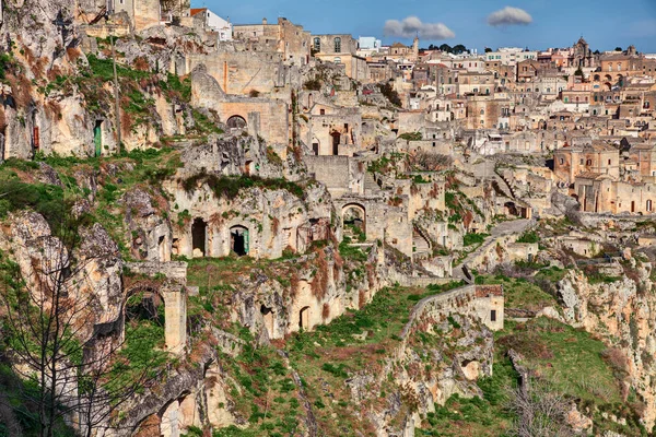 Matera Basilicata Itálie Krajina Starého Města Sassi Matera Domy Vytesané — Stock fotografie