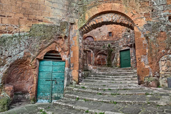 Pitigliano Toscana Itália Escadaria Antiga Adega Porta Medieval Cidade Porta — Fotografia de Stock