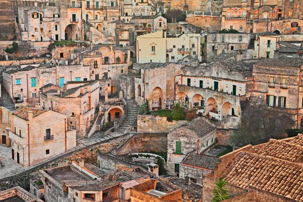 Matera Basilicata Itália Paisagem Urbana Nascer Sol Pitoresca Cidade Velha — Fotografia de Stock