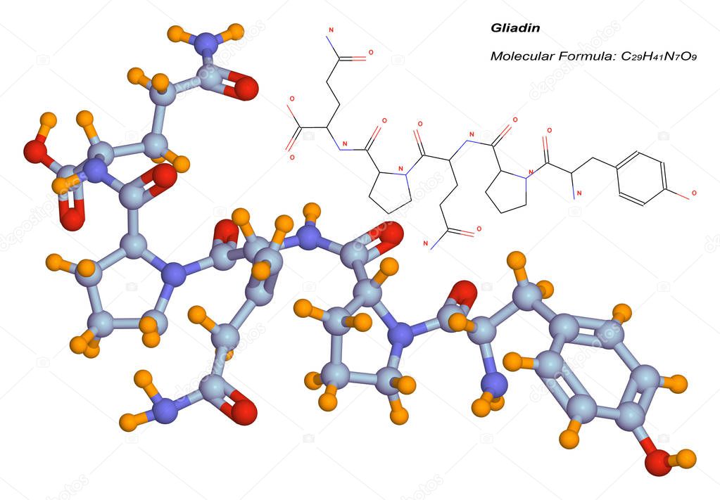 3d illustration of the gliadin molecule. This component of gluten is a protein present in wheat and other cereals. It is the toxic factor associated with celiac disease 