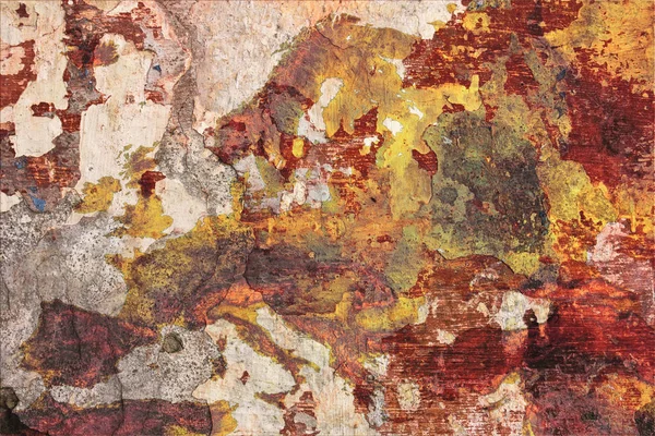 欧洲的衰败 一个被绘的墙壁的腐朽的垃圾石膏与画的欧洲地图 对老大陆的隐喻在衰落 — 图库照片