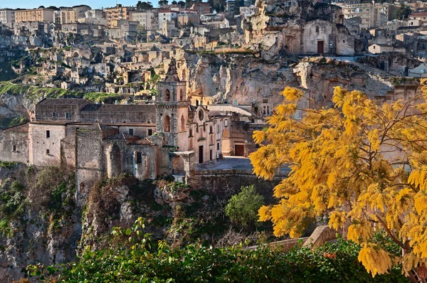 Matera Basilicate Italie Paysage Lever Soleil Vieille Ville Avec Église — Photo