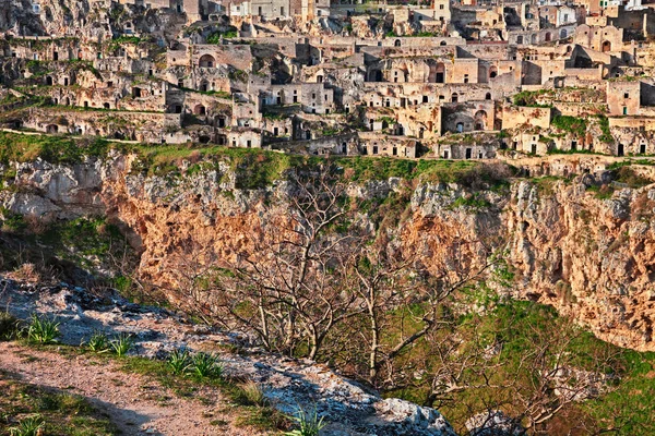 Matera Basilicata Itálie Krajina Starého Města Sassi Matera Domy Vytesané — Stock fotografie