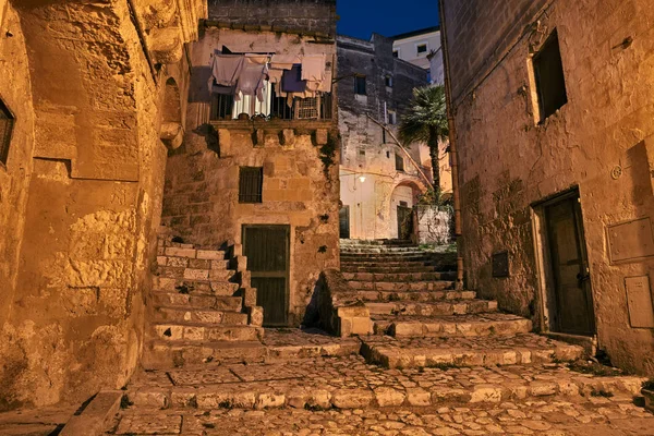 Matera Basilicata Talya Pitoresk Eski Sokakta Geceleri Eski Şehir — Stok fotoğraf