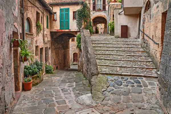 Sorano Grosseto Toscana Italia Pintoresco Rincón Con Escalera Antigua Callejón — Foto de Stock