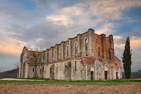 Abadia Saint Galgano Chiusdino Siena Toscana Itália Vista Pôr Sol — Fotografia de Stock